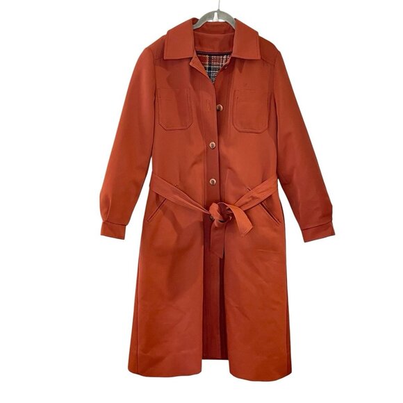 Vintage 70s Lanson Swing Coat Plaid Flannel Lined Belted Red-Orange Button Front - Picture 1 of 9